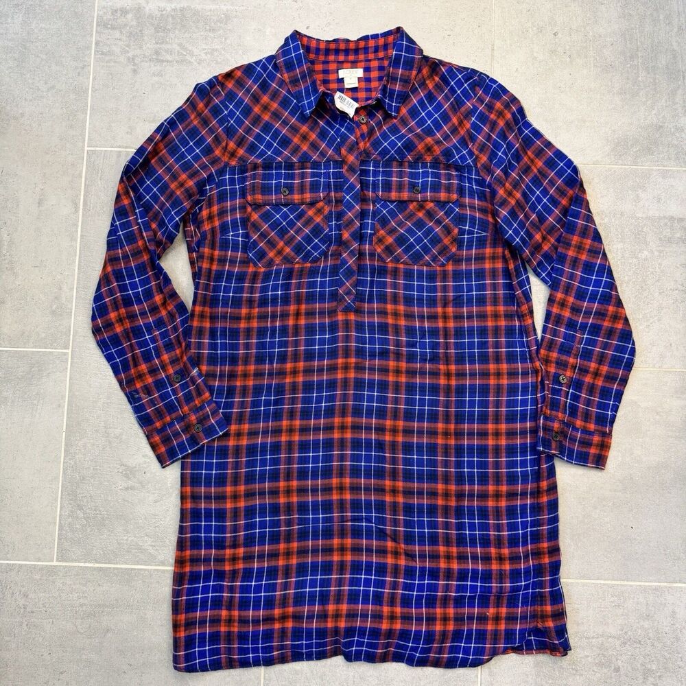 J. Crew Tartan Plaid Flannel Shirt Dress - Blue/Red - Size M - NWT